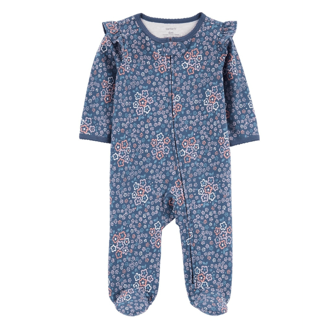 MACACÃO INFANTIL AZUL FLORAL MALHA MENINA MANGA LONGA CARTERS