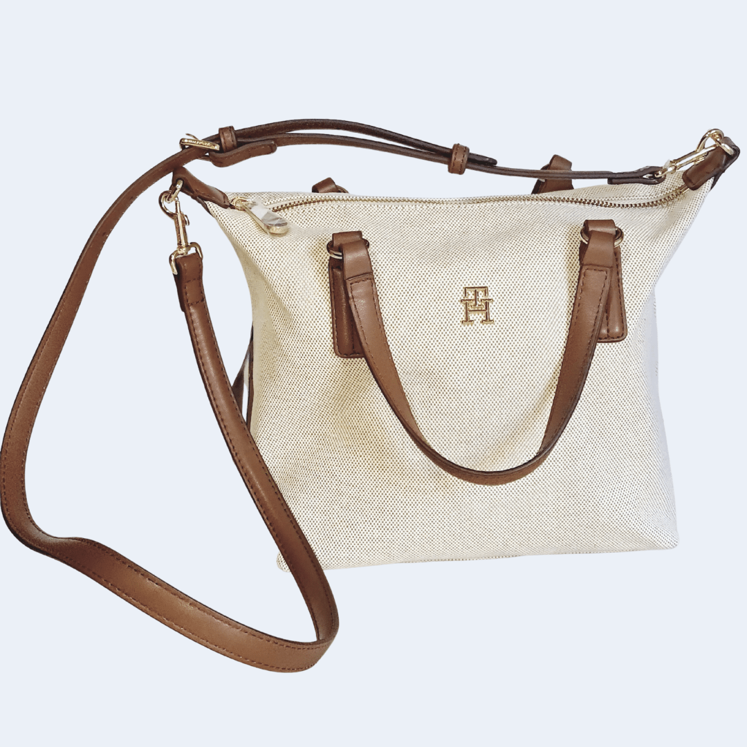 BOLSA COM ALÇA DE OMBRO E MÃO BEGE E CARAMELO TOMMY HILFIGER
