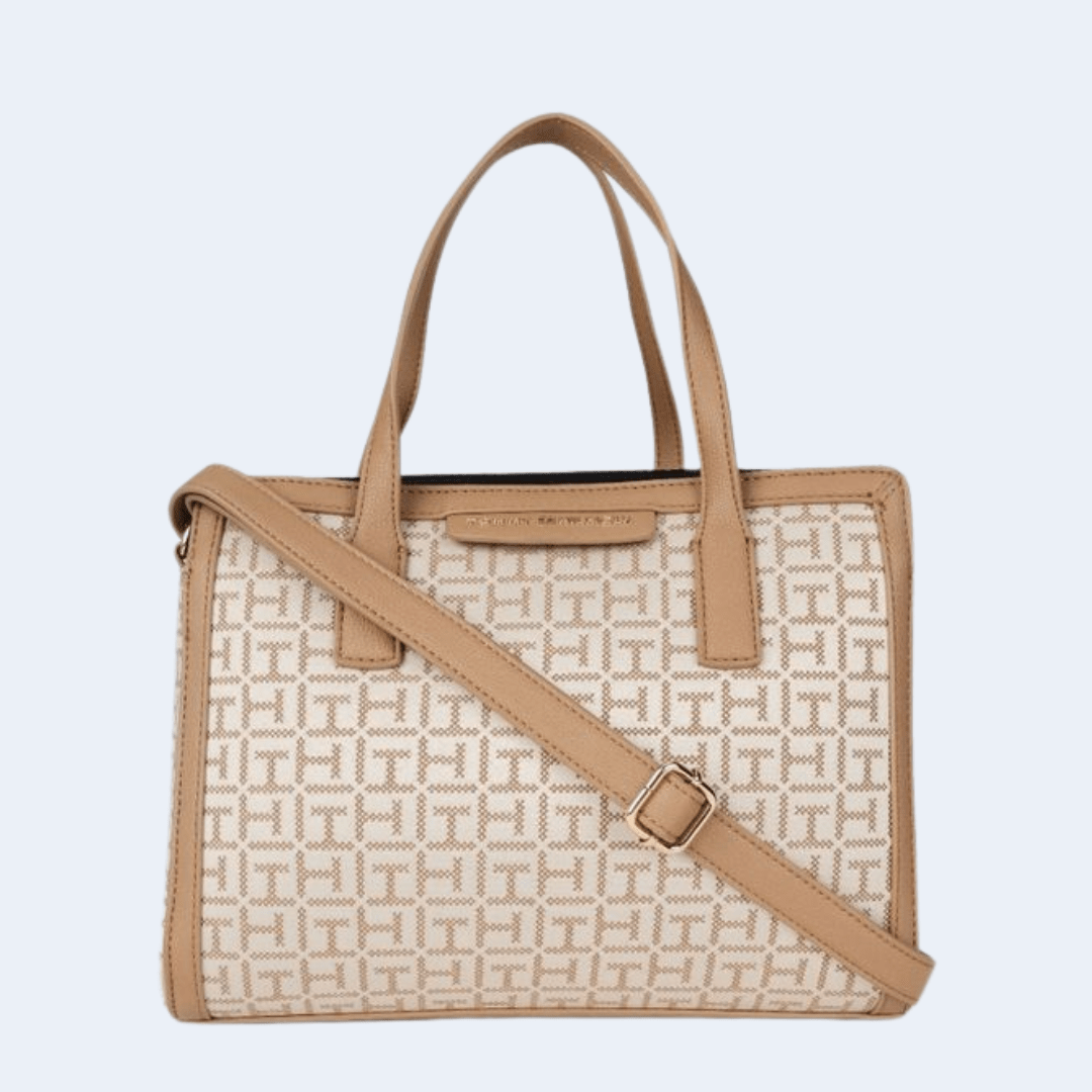 BOLSA COM ALÇA DE OMBRO E MÃO BEGE E MARROM CLARO TOMMY HILFIGER