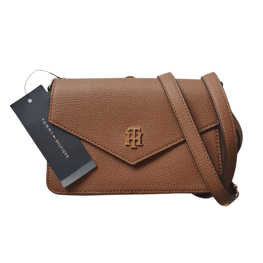 BOLSA CROSSBODY TRANSVERSAL ALÇA FERRAGEM DOURADA CARAMELO TOMMY