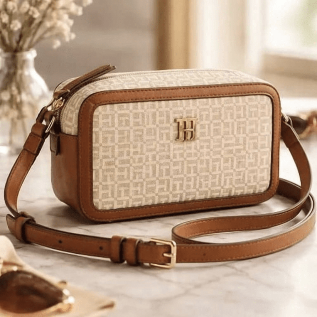 BOLSA CROSSBODY TRANSVERSAL BEGE COM MARROM LOGO XW09089 TOMMY HILFIGER