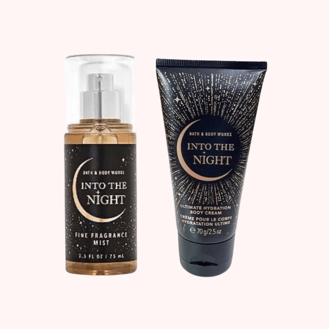KIT PERFUME BODY MIST 75ML E HIDRATANTE CORPORAL 70G BATH & BODY WORKS INTO THE NIGHT TRAVEL SIZE