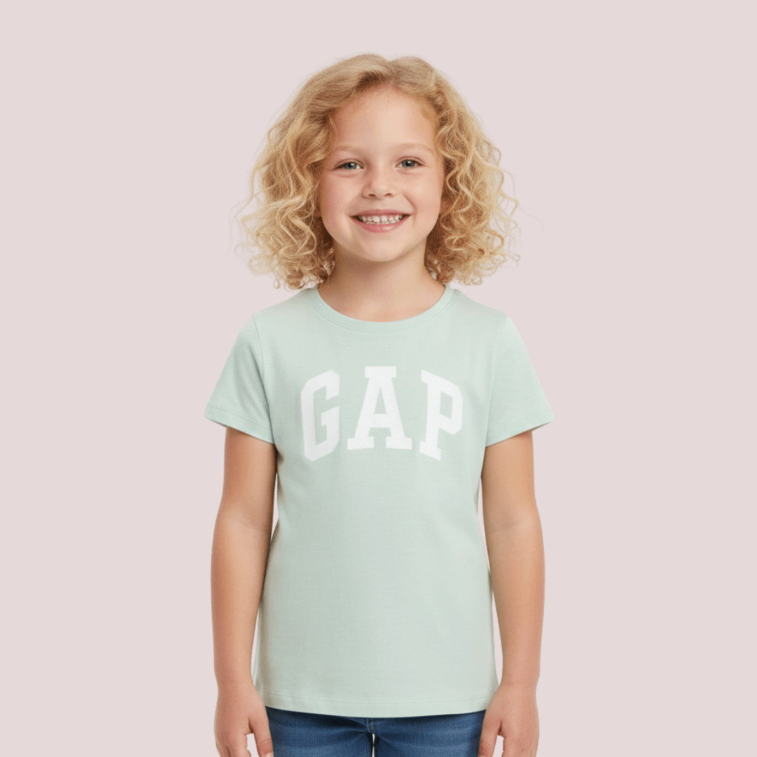 BLUSA T-SHIRT INFANTIL GAP VERDE CLARO COM LOGO EM GLITER