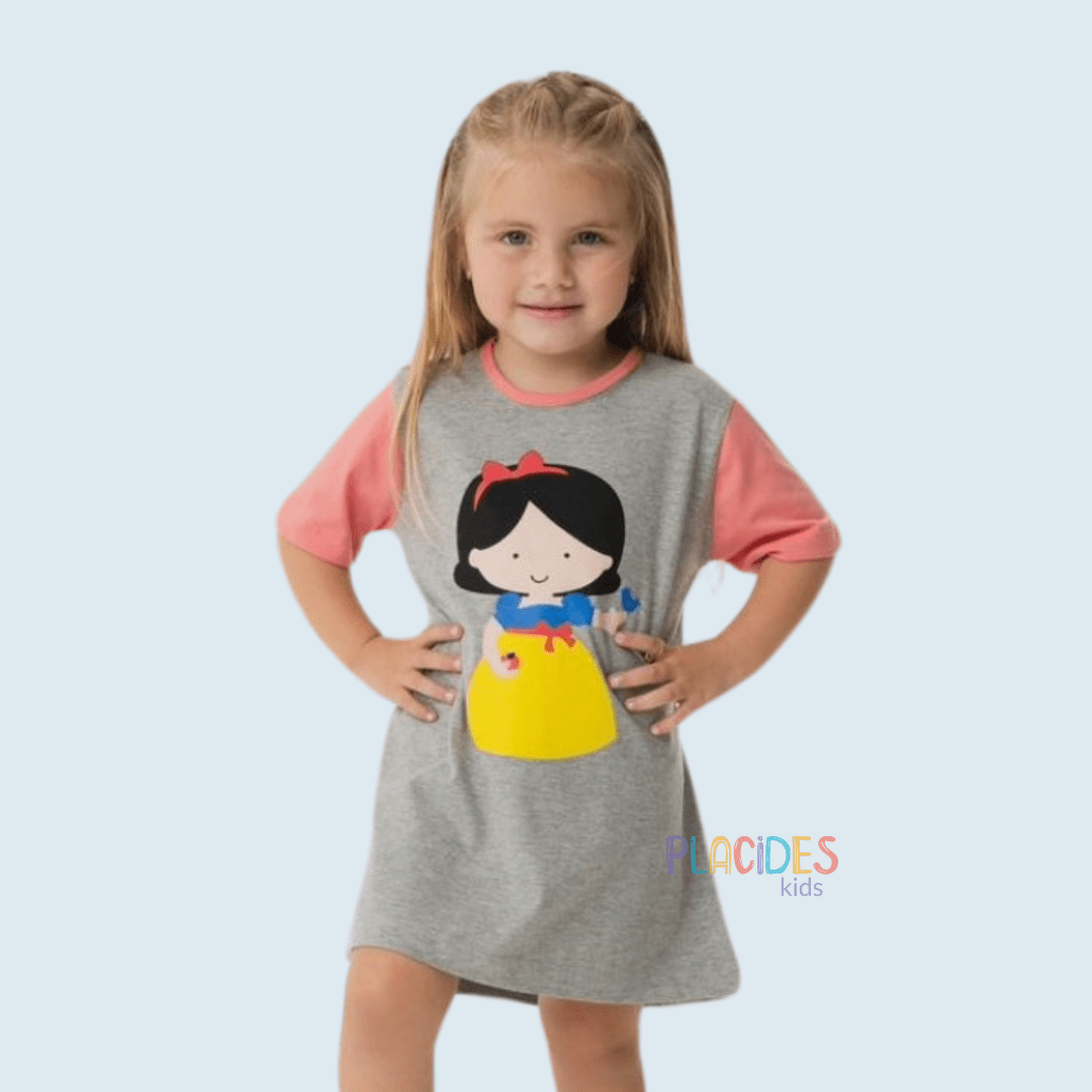 CAMISOLA INFANTIL PRINCESA BRANCA DE NEVE CINZA E ROSA