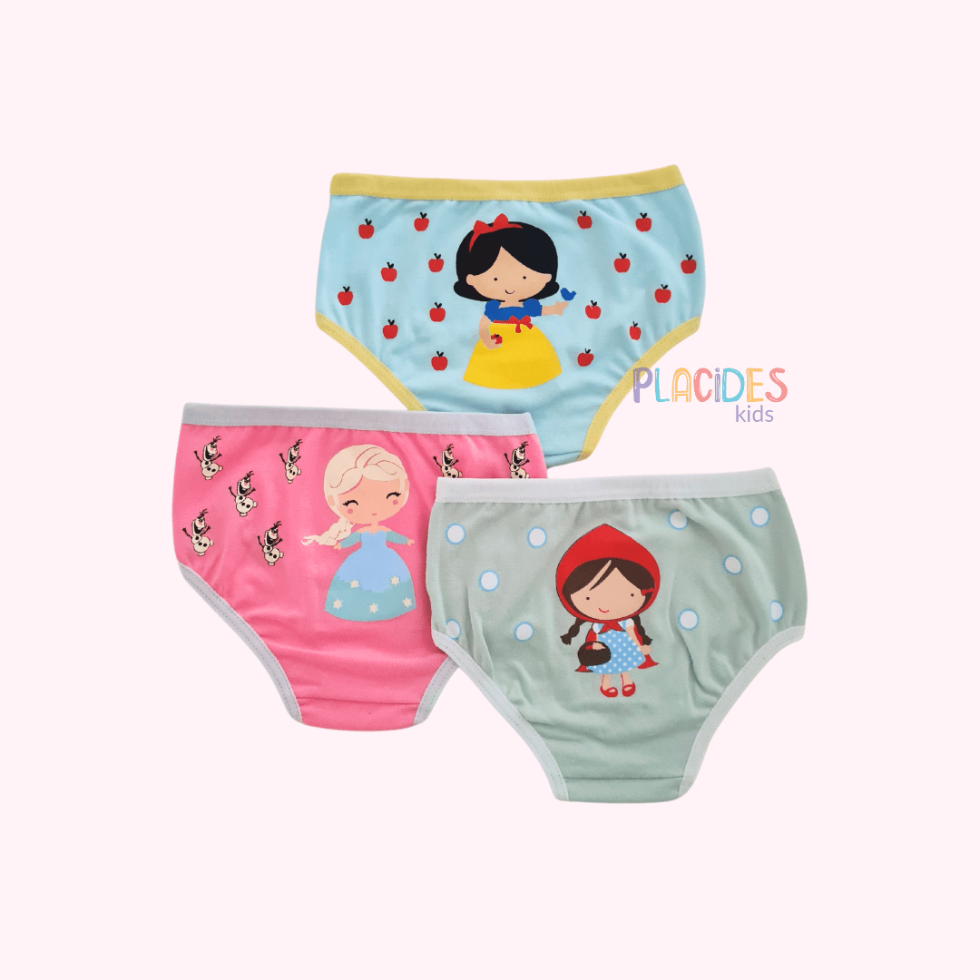 KIT COM 3 CALCINHAS INFANTIS PRINCESA BRANCA DE NEVE, FROZEN E CHAPEUZINHO VERMELHO
