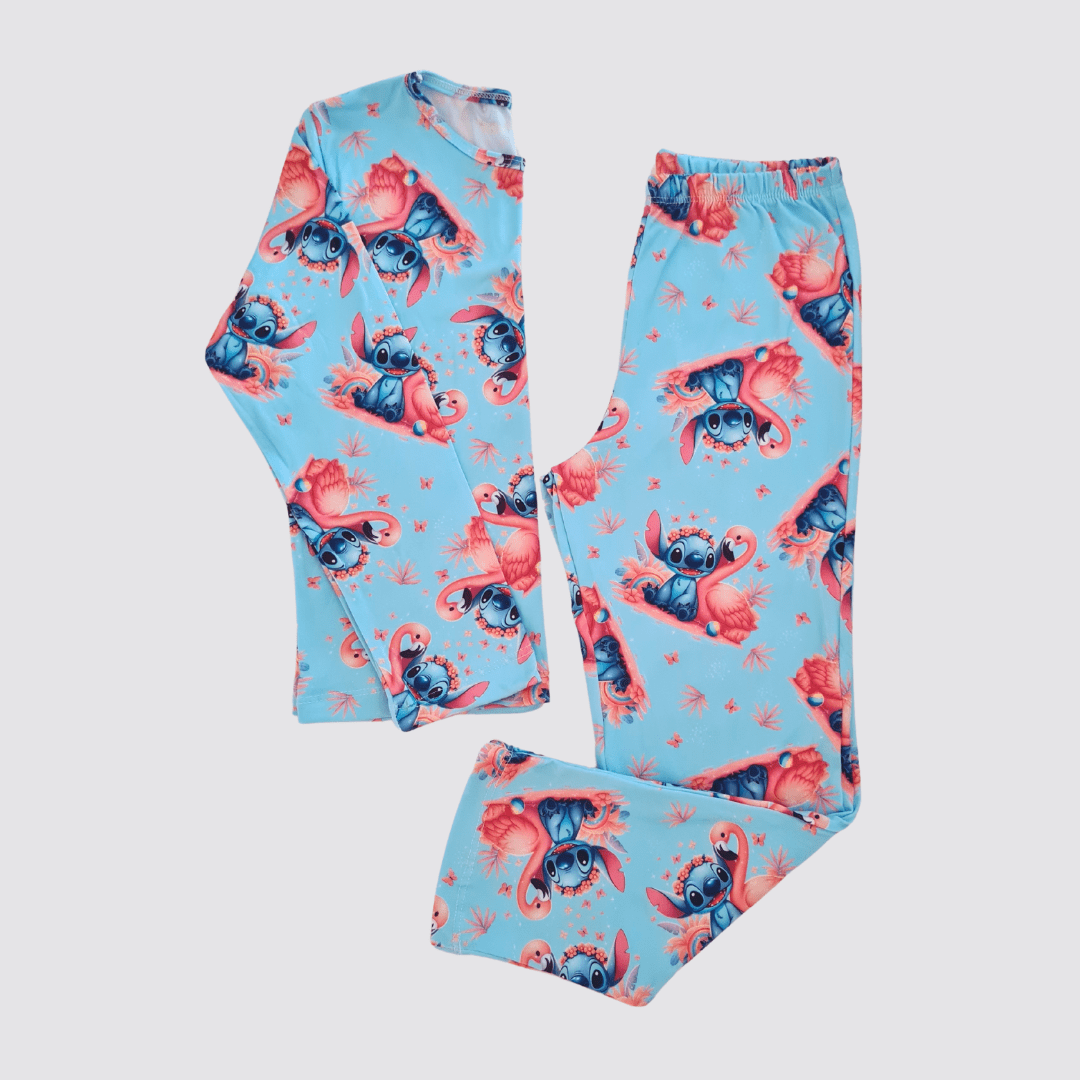 PIJAMA INVERNO INFANTIL AZUL STITCH E FLAMINGO