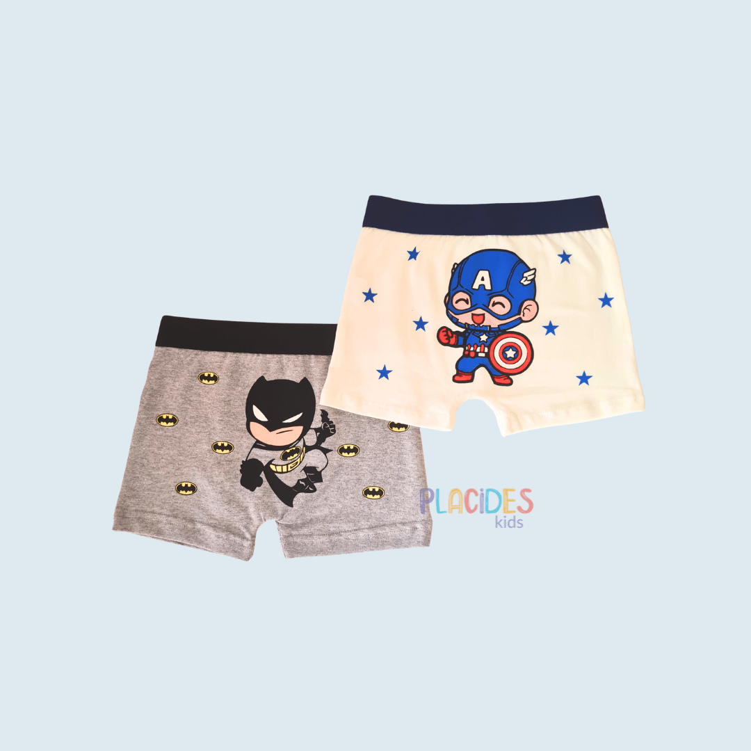KIT COM 2 CUECAS INFANTIS HEROIS CAPITÃO AMERICA E BATMAN
