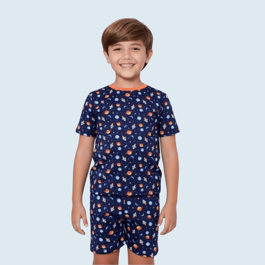 PIJAMA INFANTIL MANGA CURTA AZUL MARINHO ESPAÇO