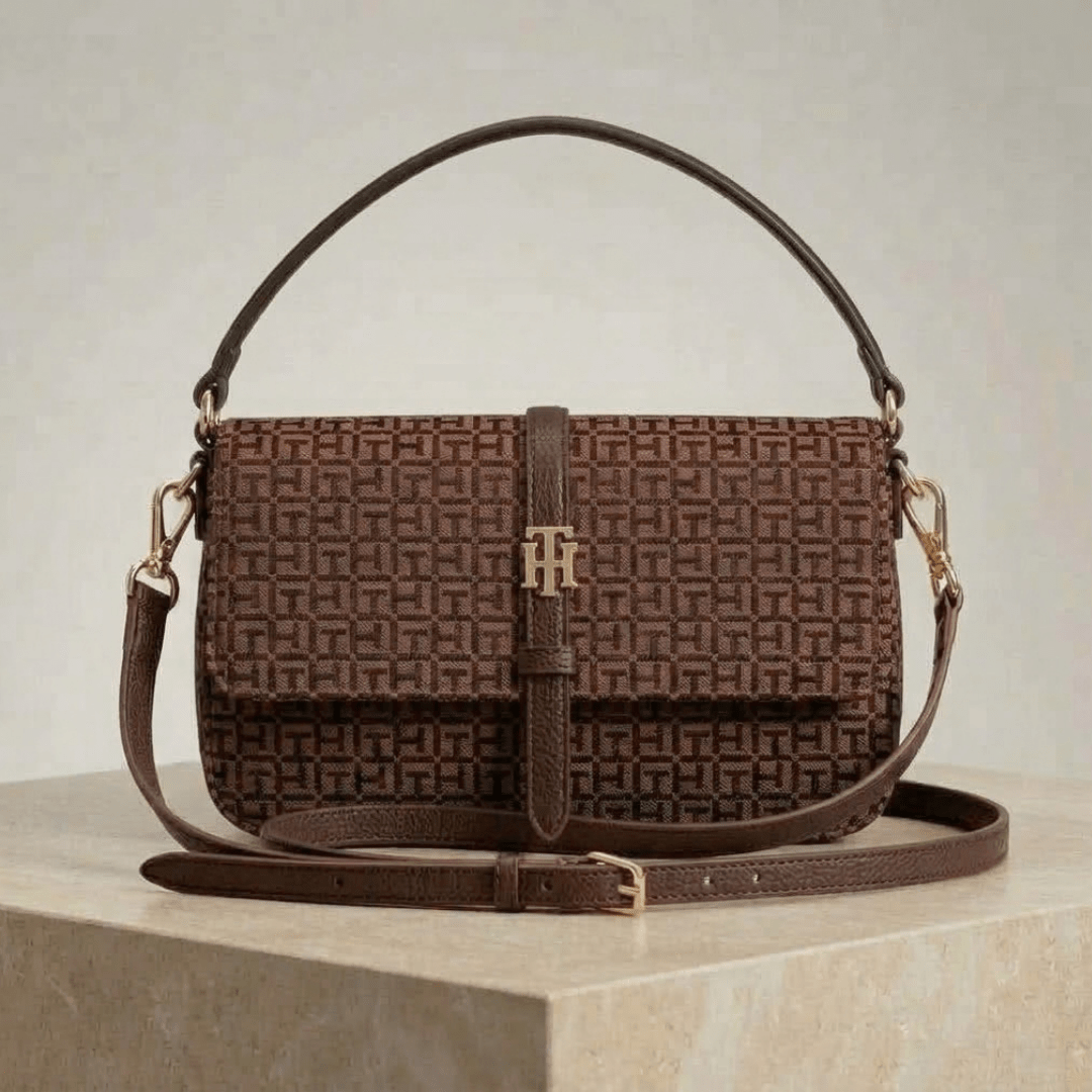 BOLSA CROSSBODY E ALÇA DE MÃO MARROM LOGO XW10370 TOMMY HILFIGER