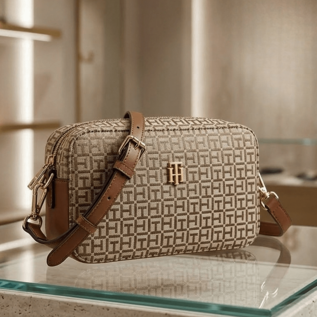 BOLSA CROSSBODY TRANSVERSAL BEGE COM MARROM COM LOGO XW09180 TOMMY HILFIGER