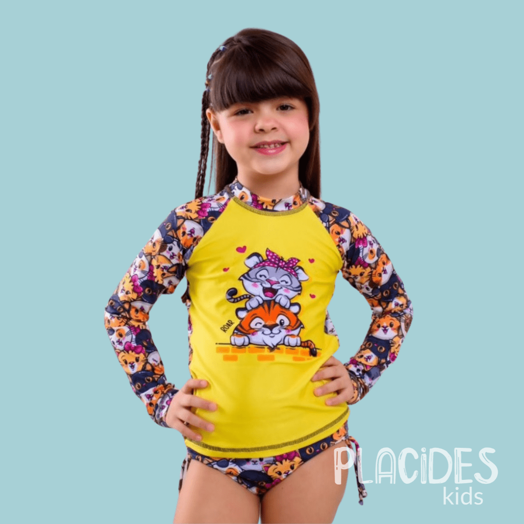 BIQUINI INFANTIL VERÃO COM MANGA LONGA E PROTEÇÃO UV GATINHAS
