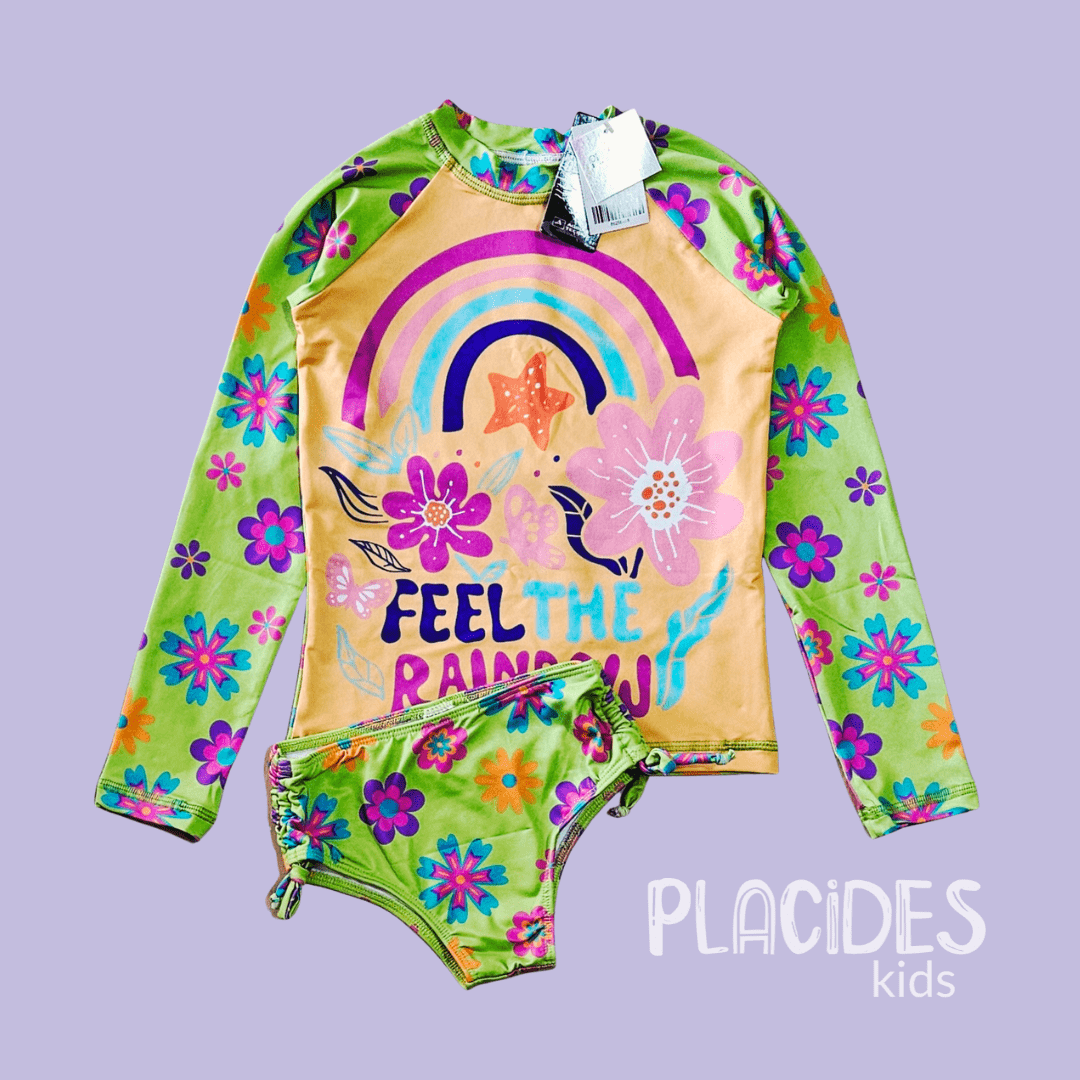 BIQUINI INFANTIL VERÃO COM MANGA LONGA E PROTEÇÃO UV FEEL THE RAINBOW