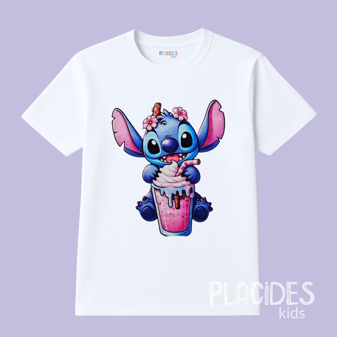 BLUSA T-SHIRT MANGA CURTA INFANTIL BRANCA STITCH MILK SHAKE