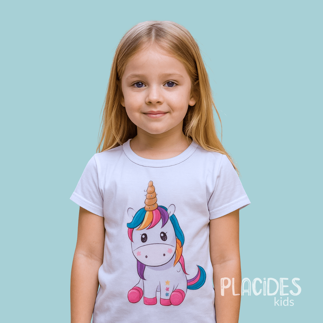 BLUSA T-SHIRT MANGA CURTA INFANTIL BRANCA UNICORNIO