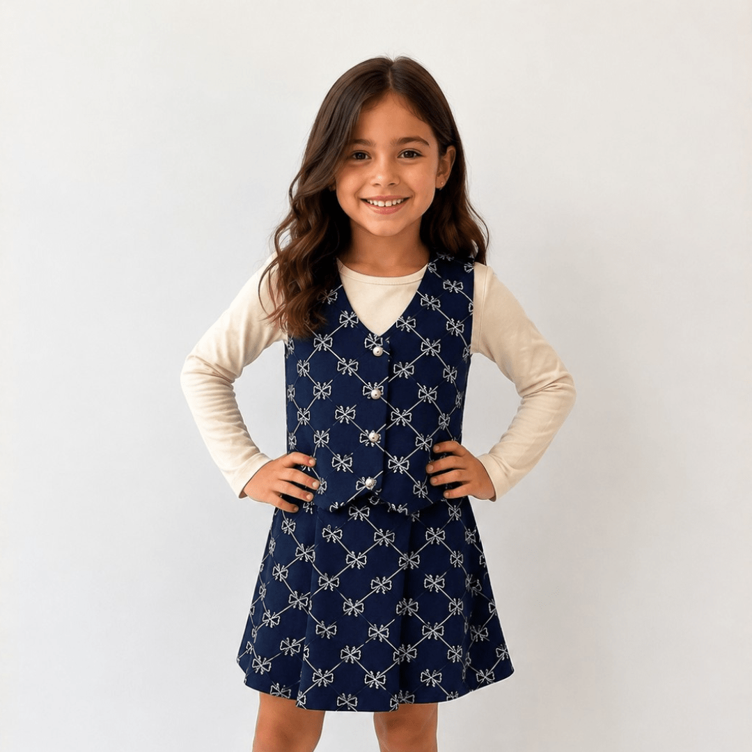 CONJUNTO INFANTIL 3 PEÇAS COM SHORT SAIA, BLUSA MANGA LONGA E COLETE MARINHO LACINHOS FAKINI