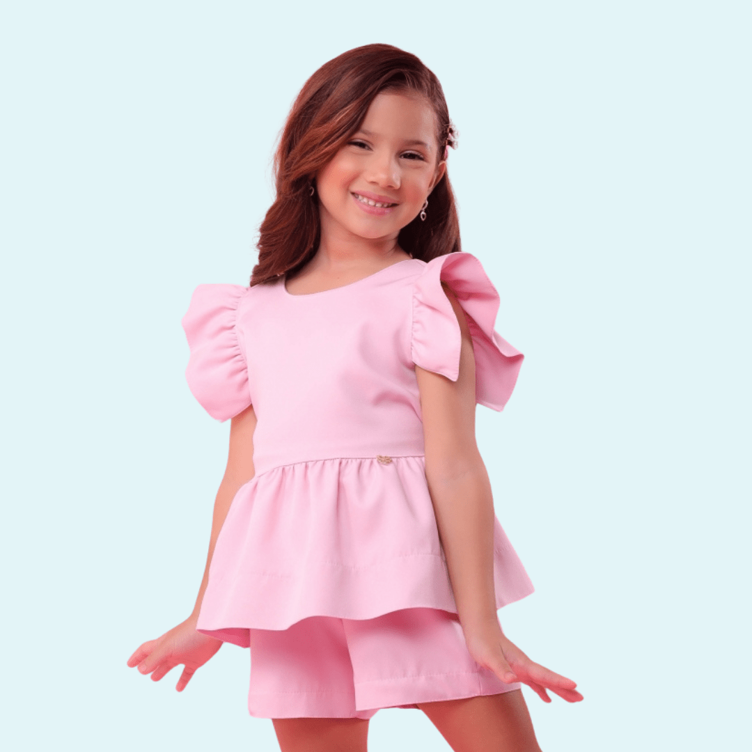 CONJUNTO INFANTIL ALFAIATARIA LUXO ALANA LISO ROSA CLARO