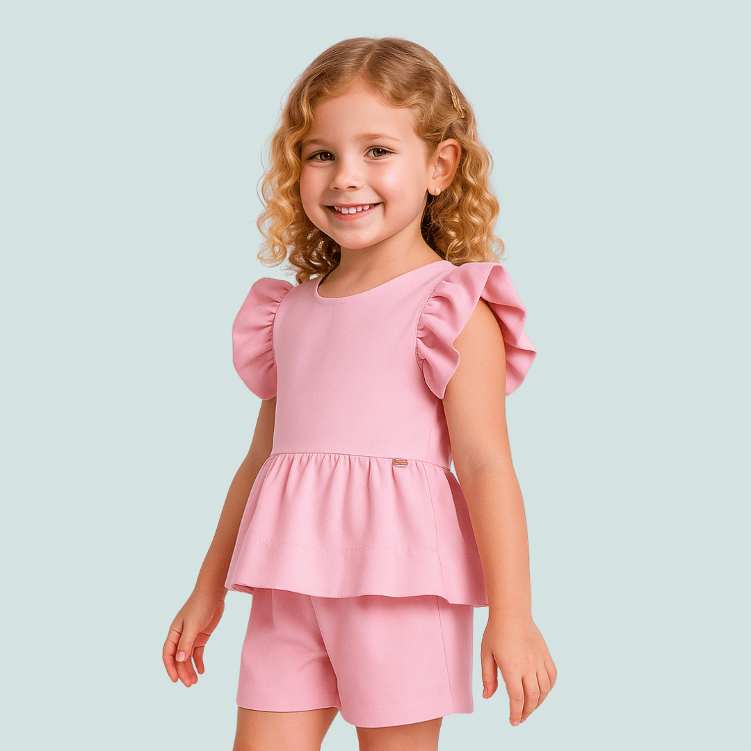 CONJUNTO INFANTIL ALFAIATARIA LUXO ALANA LISO ROSA CLARO