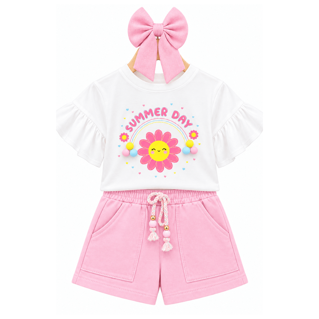 CONJUNTO INFANTIL FLORZINHA ROSA SUMMER DAY POMPOM