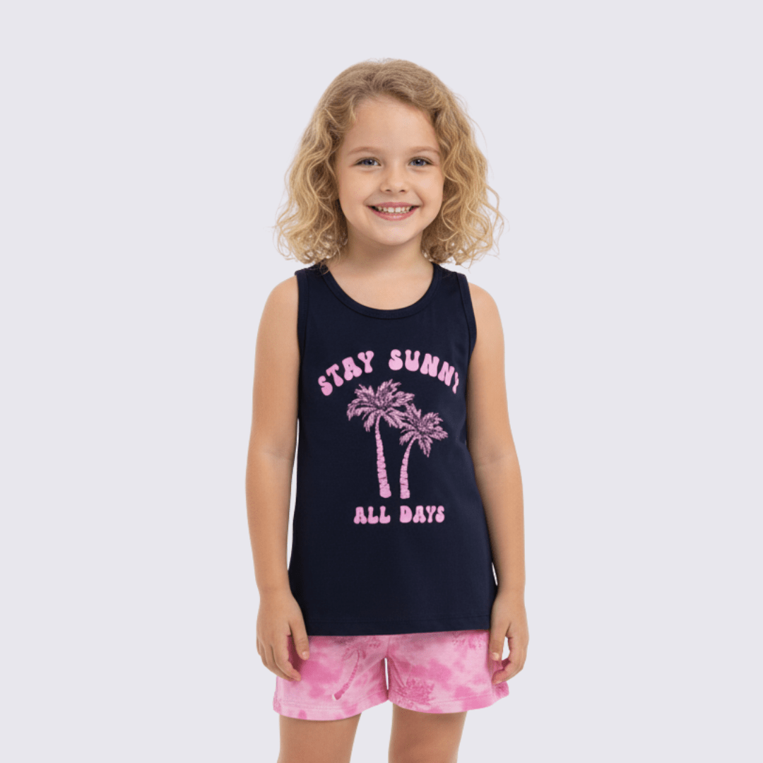 CONJUNTO INFANTIL REGATA ROSA COM PRETO COQUEIROS STAY SUNNY BRANDILI