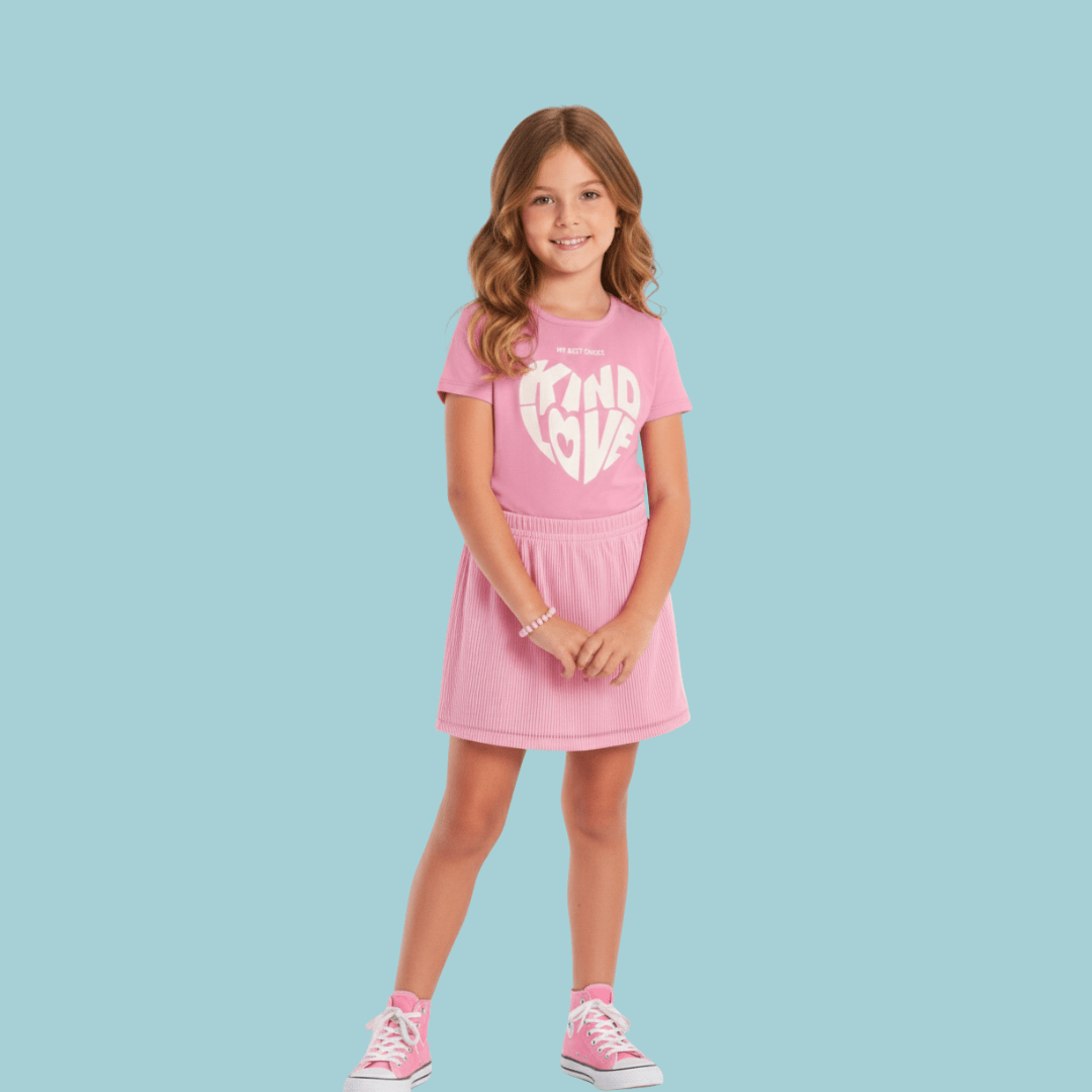 CONJUNTO INFANTIL ROSA COM SHORT SAIA EM TULE KIND LOVE BRANDILI