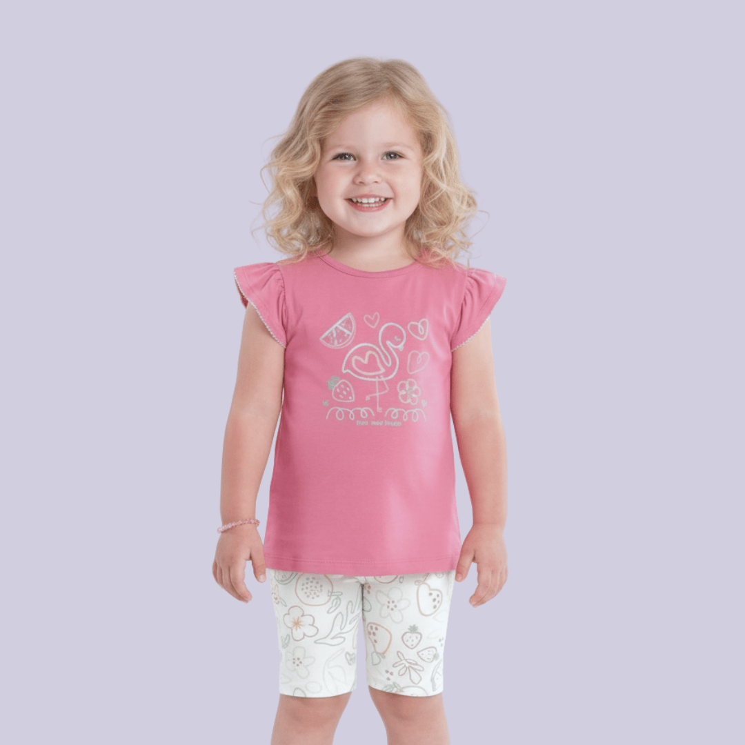 CONJUNTO INFANTIL ROSA FLAMINGO E FRUTINHAS BRANDILI