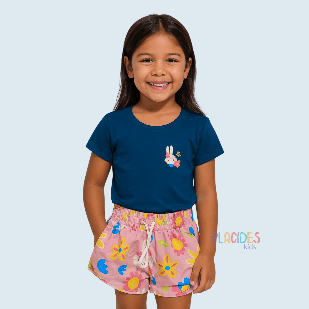 CONJUNTO INFANTIL VERÃO AZUL COM ROSA COELHINHA