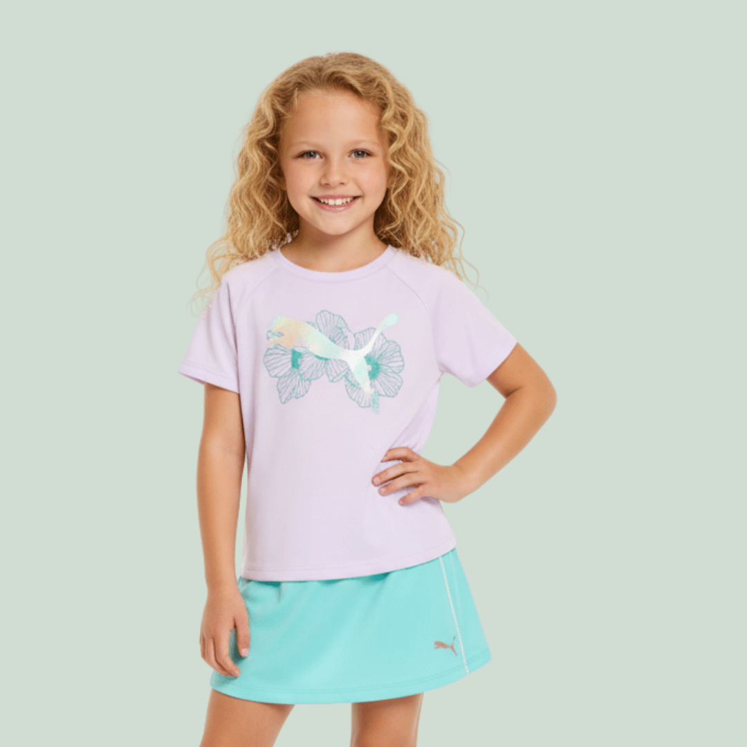 CONJUNTO INFANTIL VERÃO ESPORTIVO PUMA TURQUESA COM LILÁS