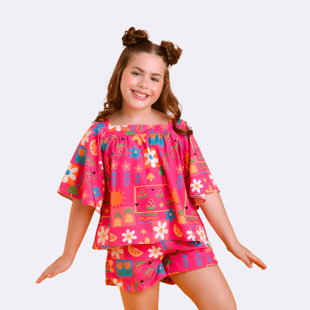 CONJUNTO INFANTIL VERÃO MAYA PINK COM ESTAMPA FLORES E FRUTINHAS