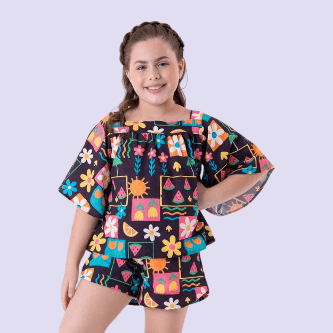 CONJUNTO INFANTIL VERÃO MAYA PRETO COM ESTAMPA FLORES E FRUTINHAS