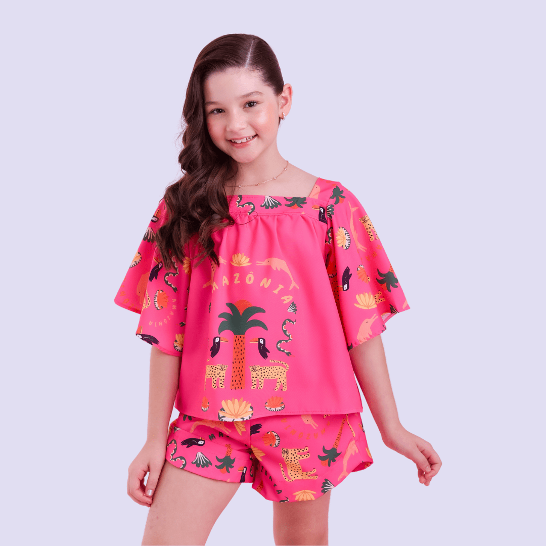 CONJUNTO INFANTIL VERÃO BRANCO MAYA ROSA COM ESTAMPA AMAZÔNIA