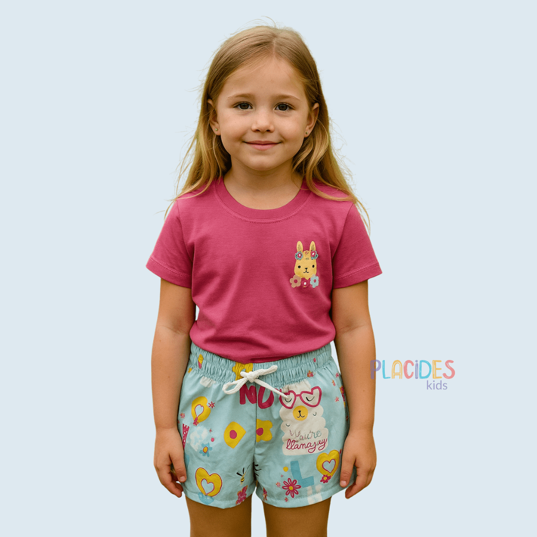CONJUNTO INFANTIL VERÃO ROSA COM AZUL LHAMA