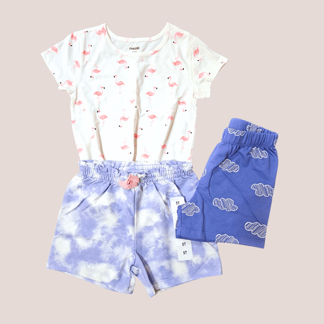 CONJUNTO TRIO INFANTIL VERÃO AZUL COM ROSA FLAMINGO PEKKLE