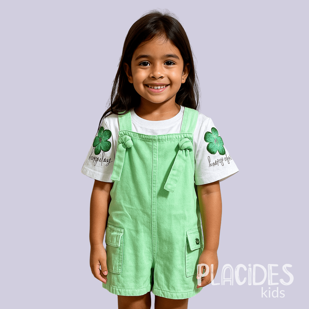 JARDINEIRA INFANTIL EM SARJA COM BLUSA PRIMAVERA VERÃO VERDE CLARO COM BORDADO HAPPY DAY