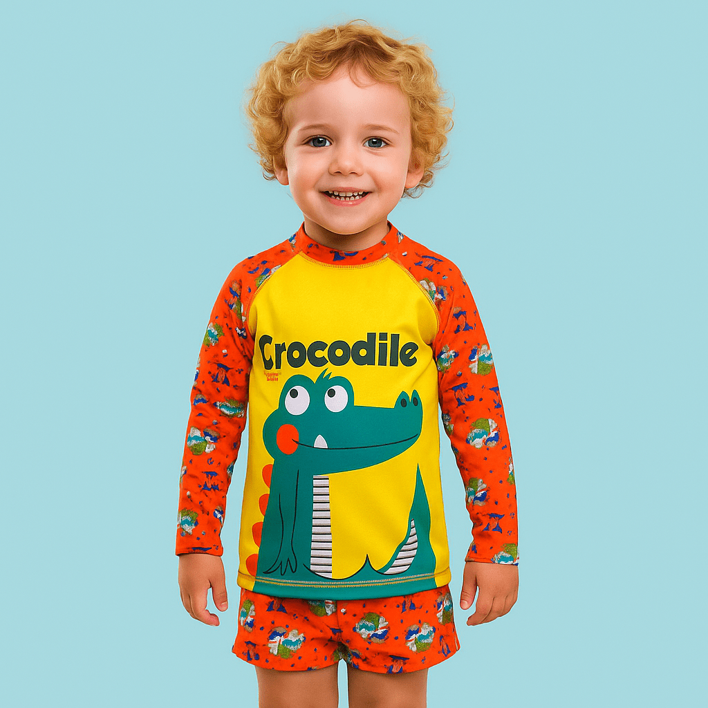 CONJUNTO INFANTIL DE CAMISETA MANGA LONGA E SUNGA CROCODILO VERÃO COM PROTEÇÃO UV