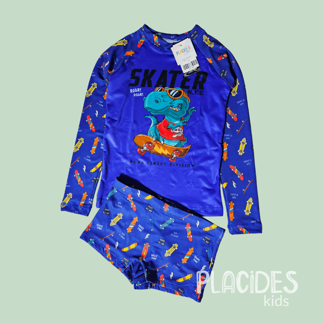 CONJUNTO INFANTIL DE CAMISETA MANGA LONGA E SUNGA DINOSSAURO DE SKATE VERÃO COM PROTEÇÃO UV