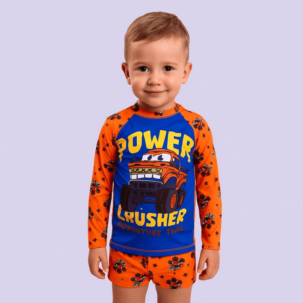 CONJUNTO INFANTIL DE CAMISETA MANGA LONGA E SUNGA POWER CARROS VERÃO COM PROTEÇÃO UV