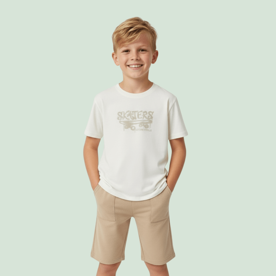 CONJUNTO INFANTIL OFF WHITE COM BEGE SKATERS URBAN STYLE BRANDILI