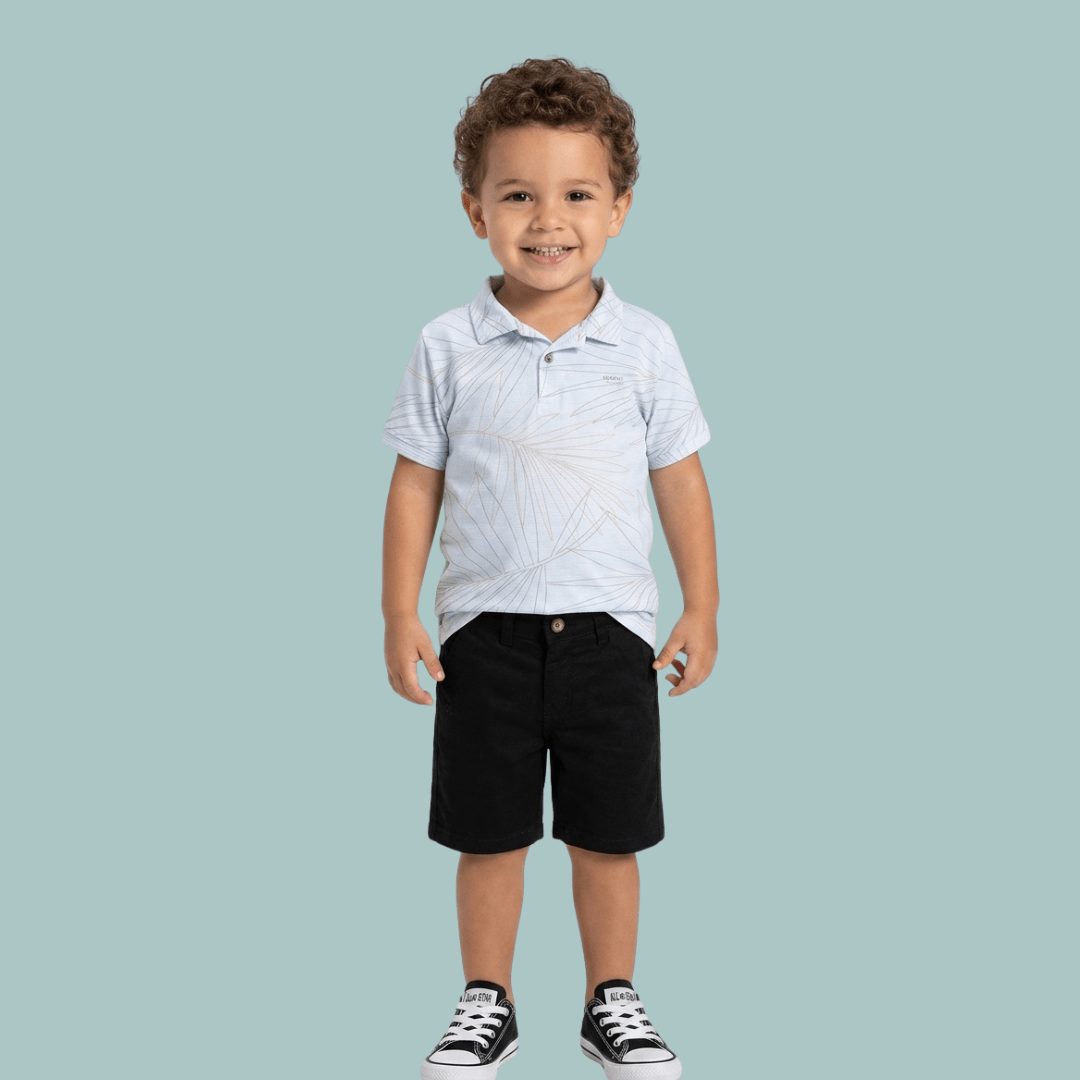 CONJUNTO INFANTIL OGOCHI PRIMAVERA VERÃO POLO AZUL ESTAMPADO