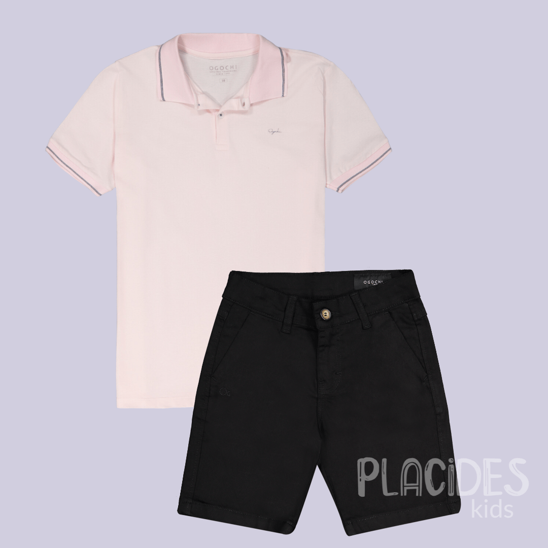 CONJUNTO INFANTIL OGOCHI PRIMAVERA VERÃO POLO ROSA CLARO
