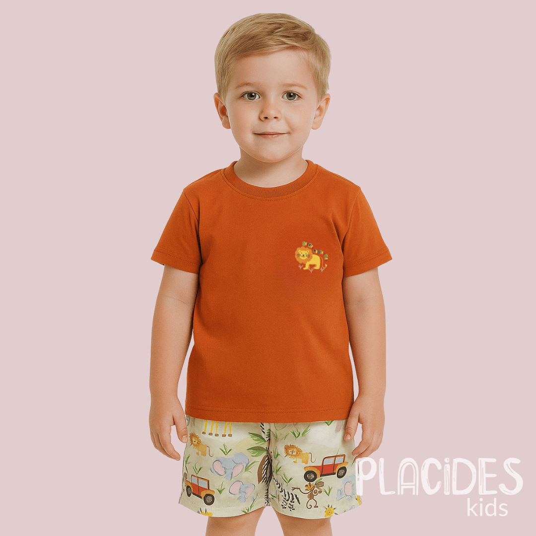CONJUNTO INFANTIL VERÃO CARAMELO COM VERDE E ESTAMPA DE SAFARI
