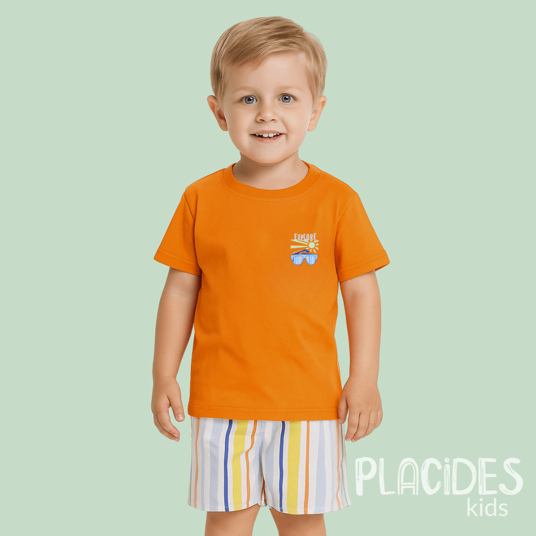 CONJUNTO INFANTIL VERÃO LARANJA COM ESTAMPA DE LISTRAS COLORIDAS