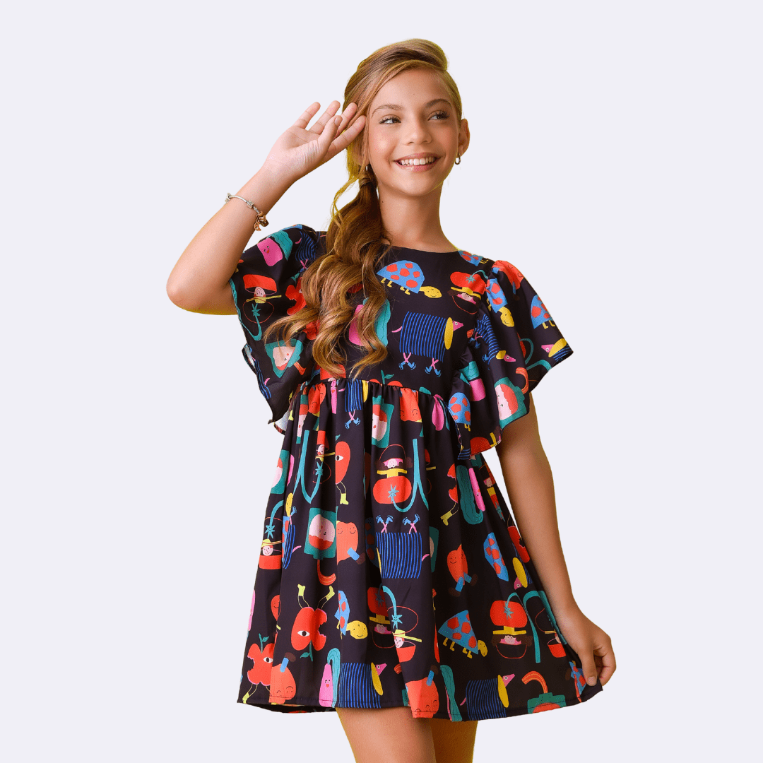 VESTIDO INFANTIL CHARLOTE FUNDO PRETO E ESTAMPA LUDICA