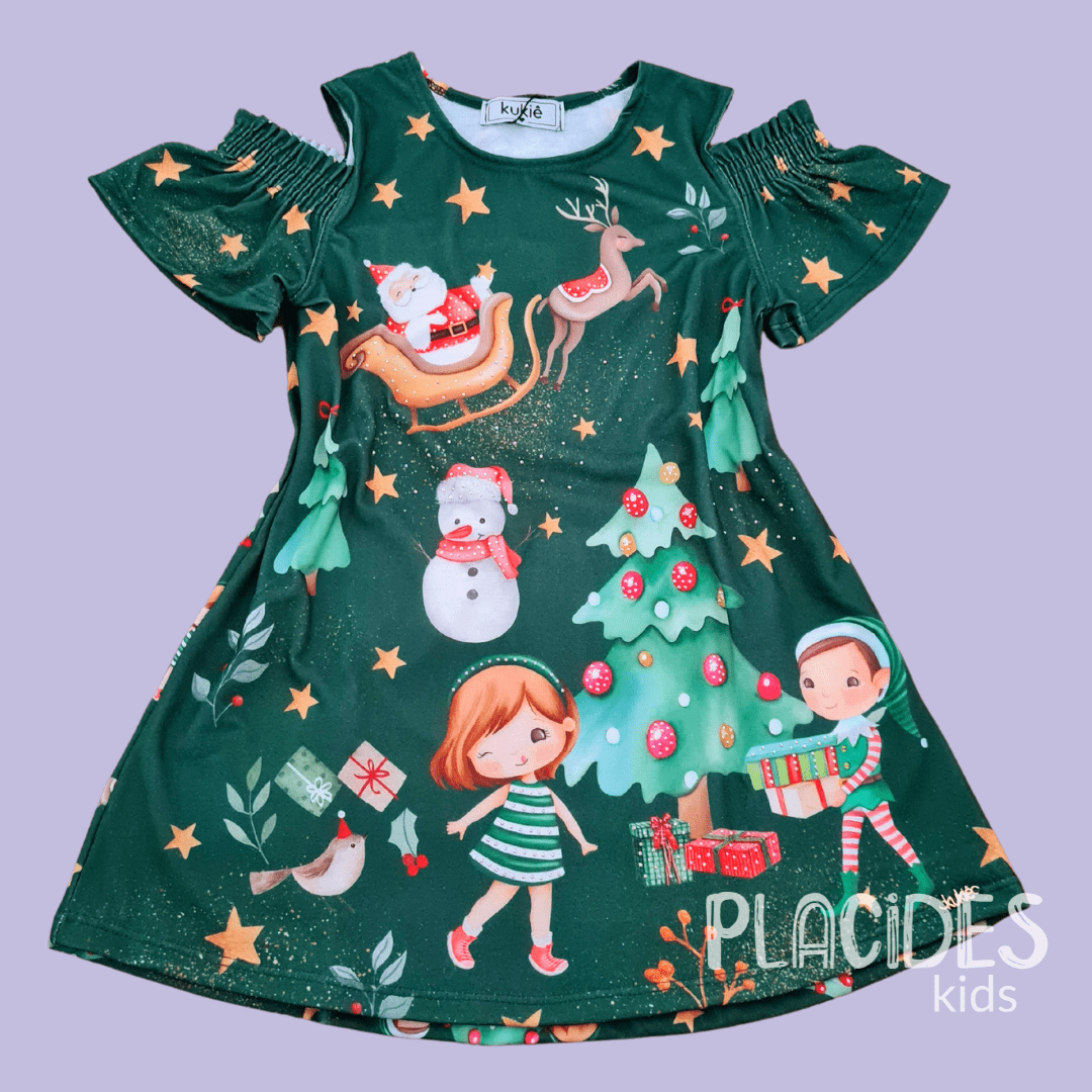 VESTIDO INFANTIL KUKIE PRIMAVERA VERÃO VERDE NATAL