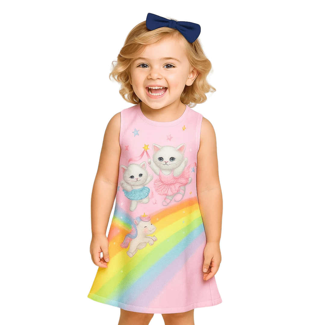 VESTIDO INFANTIL KUKIE VERÃO REGATA ARCO IRIS UNICORNIO E GATINHAS