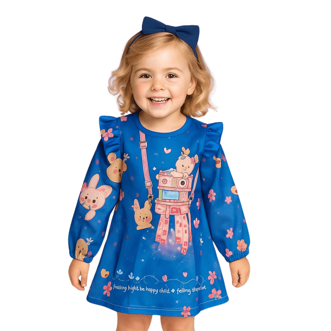 VESTIDO INFANTIL MALAGAH INVERNO MANGA LONGA AZUL HAVE FUN