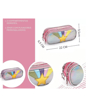 ESTOJO ORGANIZADOR ESCOLAR PORTA LAPIS E CANETAS COM 2 DIVISORIAS ROSA ESTRELA DENLEX