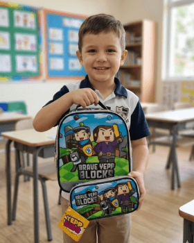 KIT LANCHEIRA TÉRMICA + ESTOJO DE ZIPER DUPLO ESCOLAR E PASSEIO BLOCKS YEPP KIDS