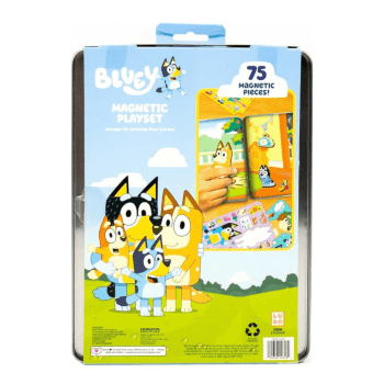 LATINHA MAGNÉTICA FAMILIA BLUEY COM 75 PEÇAS E 2 CENÁRIOS PARA BRINCAR E CRIAR