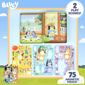LATINHA MAGNÉTICA FAMILIA BLUEY COM 75 PEÇAS E 2 CENÁRIOS PARA BRINCAR E CRIAR
