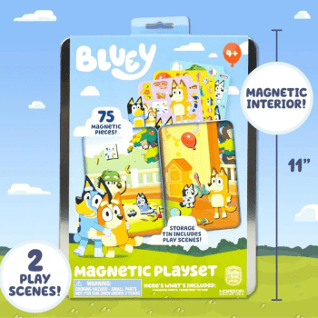 LATINHA MAGNÉTICA FAMILIA BLUEY COM 75 PEÇAS E 2 CENÁRIOS PARA BRINCAR E CRIAR